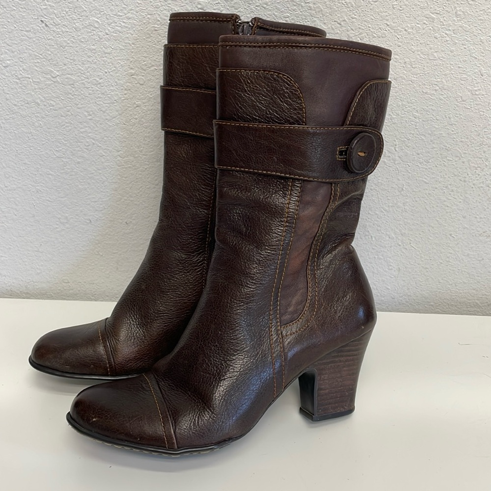 Born W6449 Crown Pratt Brown Leather Womens High Heel Mid Calf Boots Size 8/39